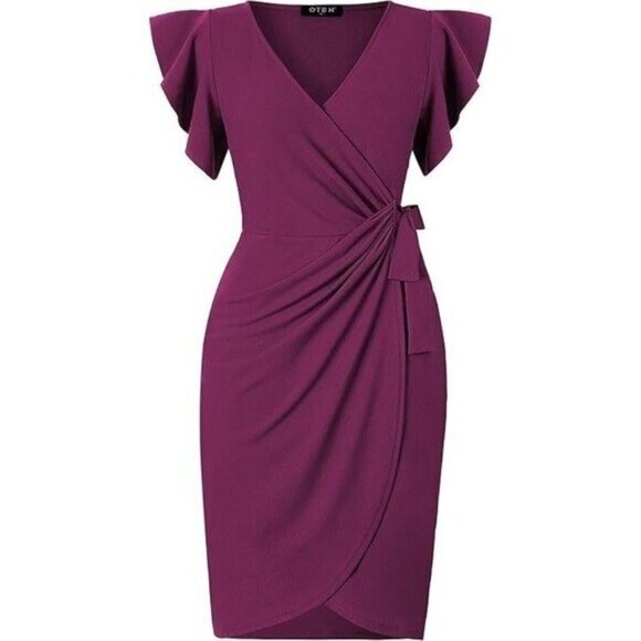 Women's V-Neck Ruffle Sleeve Faux Wrap Stretch Tulip Hem Purple Dress Size Small - Picture 2 of 16